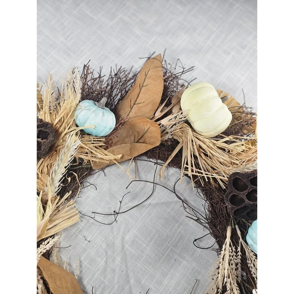 Rustic Fall Harvest Wreath Pumpkins Berries Leaves Twig 17 In